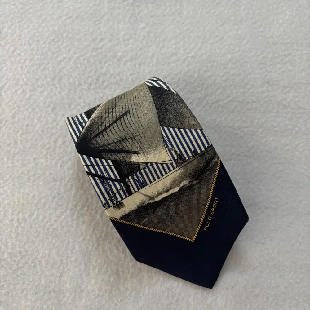 Polo Sport Ralph Lauren Silk Tie Vintage Sailboat Nautical Striped Blue White